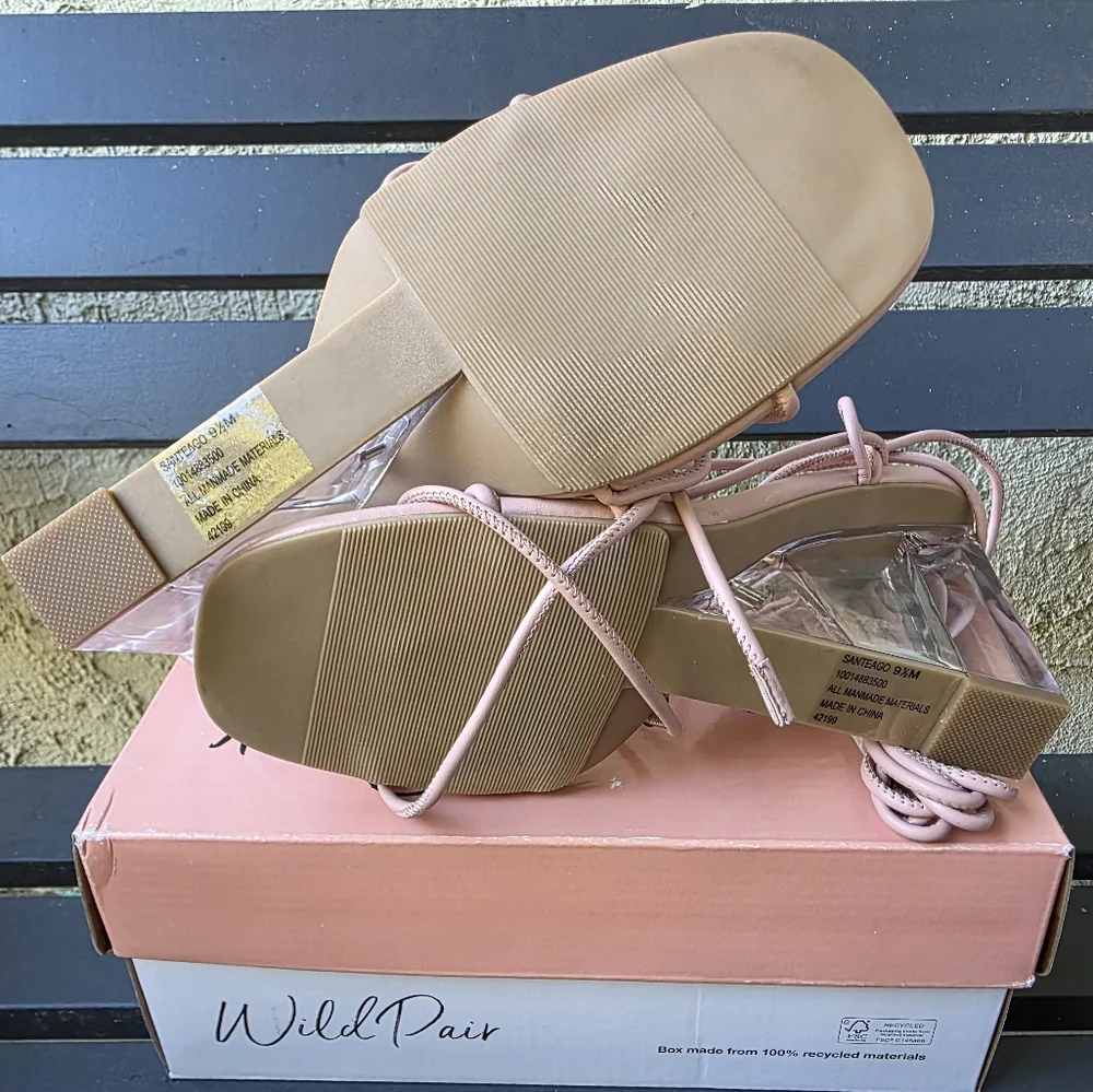 WILD PAIR Womens Nude Beige Santeago Square Toe Wedge‎ Heeled Thong Sandals 9.5